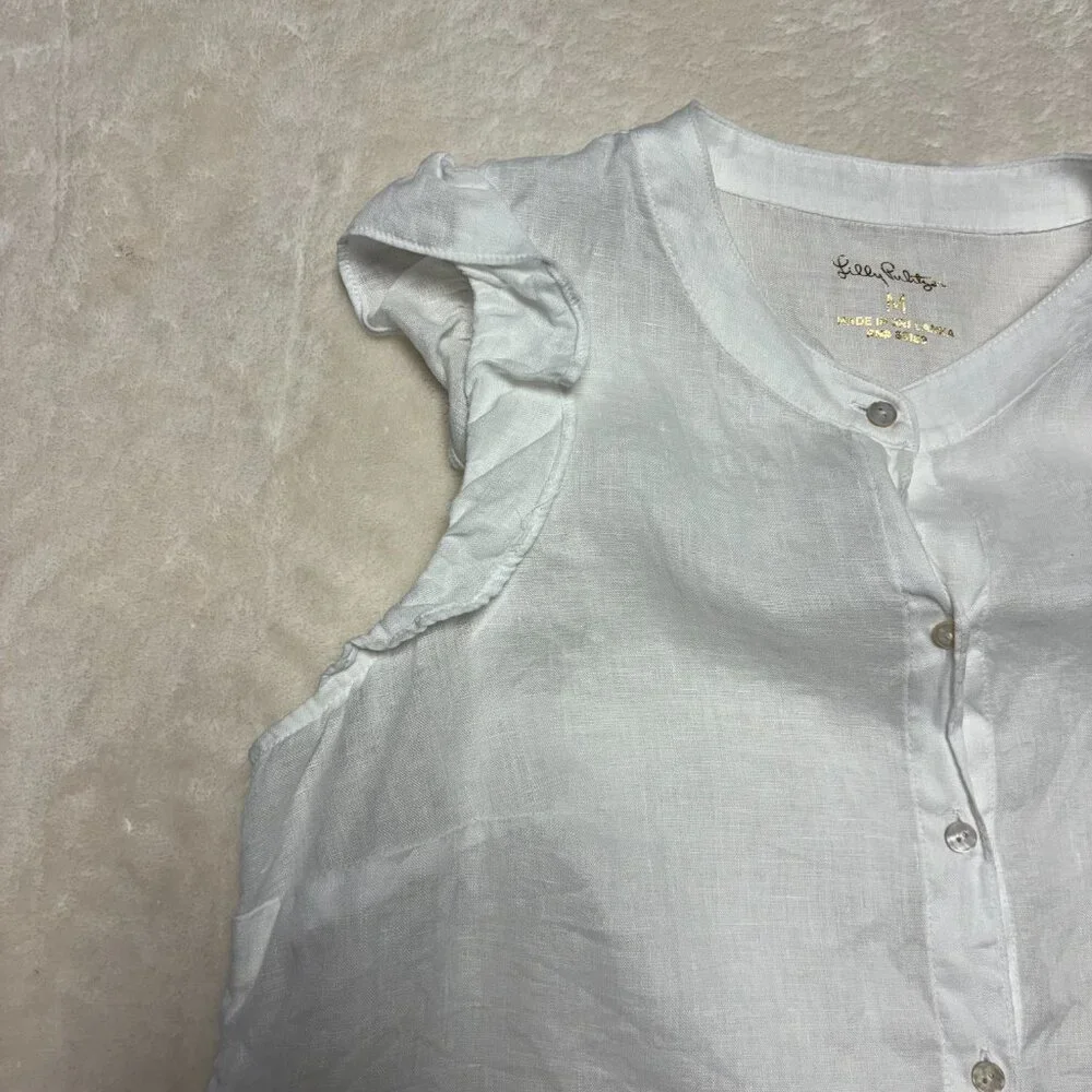 Lilly Pulitzer Womens Briette Button‎ Down Blouse Sz Medium White Vacation Linen
